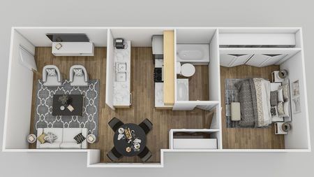 A top-down view of a small apartment with a kitchen, living room, and bathroom.